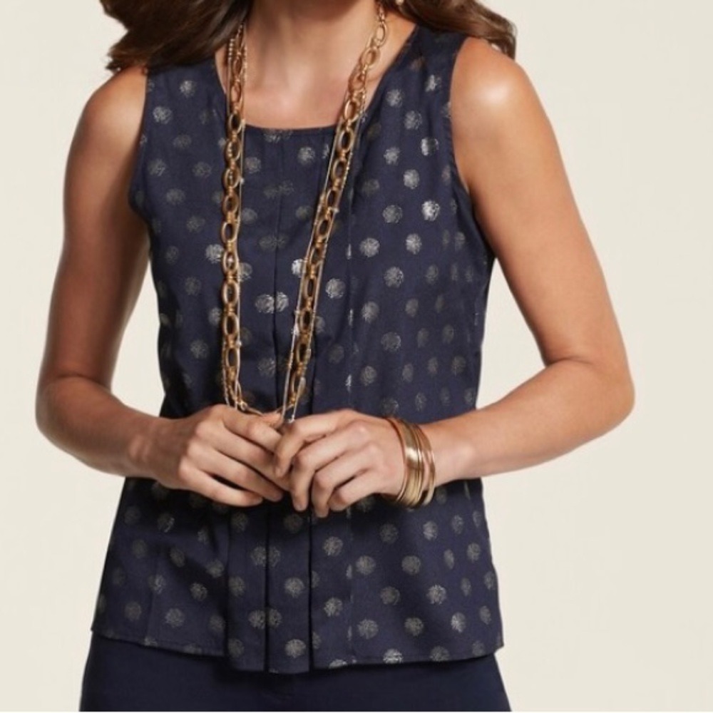 CHICOS.‎ SILK. Beautiful Navy blue/Gold designed circular patterns. SZ 2.